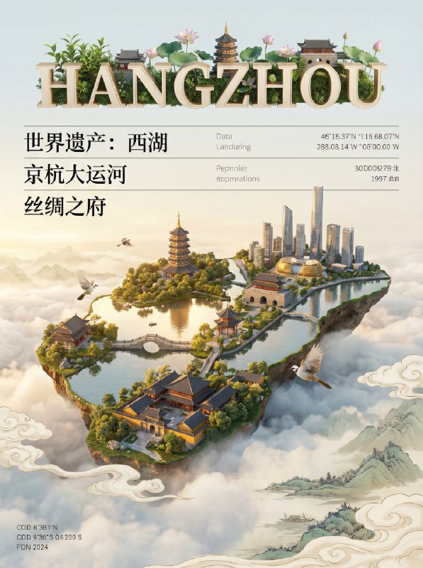 Nano BananaPro 的上线依然还在提高！提示词：为你的家乡做张城市海报所有的元素都会自动根据你选择城市进行调整：比如云海的艺术风格、3D 字体上面的装饰、经纬度、建成时间、别称、独特的鸟类和生物、天际线景观和古建筑提示词：一张针对 [城市名称] 的城市渲染数字艺术海报