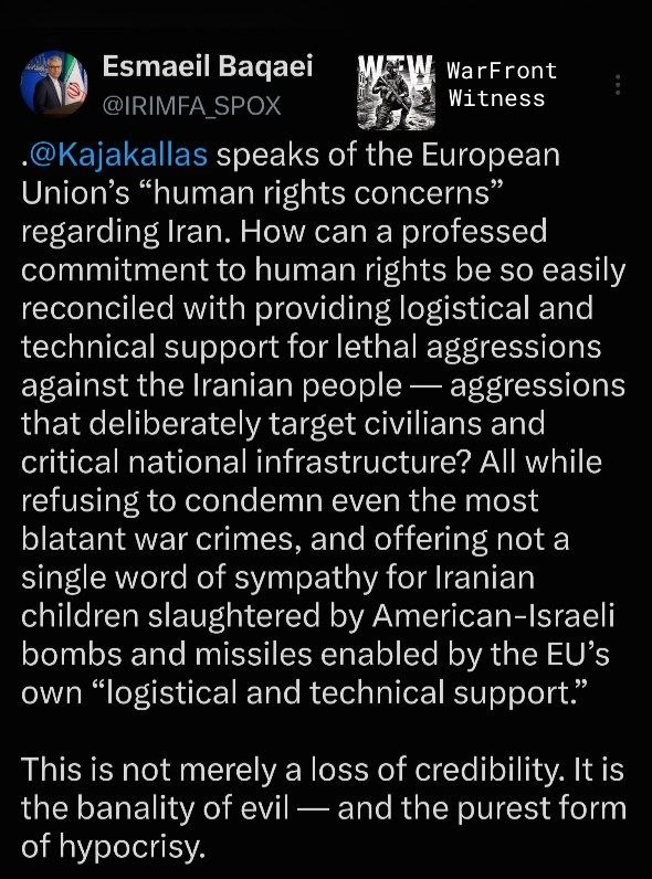 ️🇮🇷🇪🇺 דובר משרד החוץ האיראני, Esmaeil Bakaei, האשים את האיחוד האירופי בצביעות, ואמר כי מחויבותו המוצהרת…