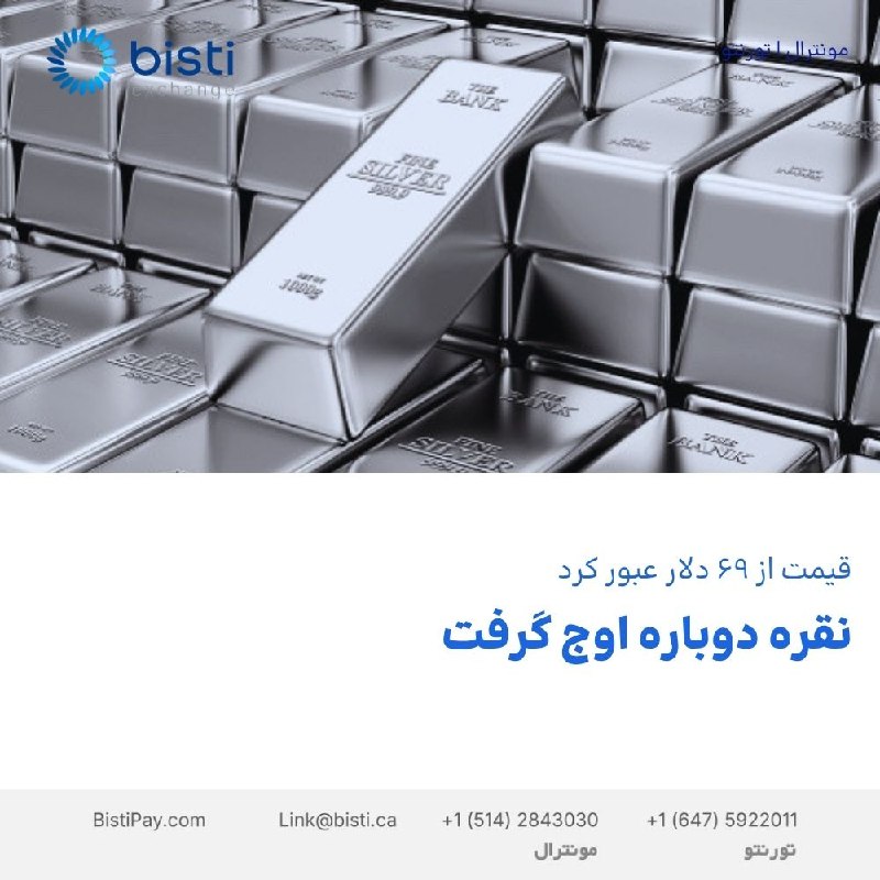 صرافی بيستی كانادا: نقره دوباره اوج گرفتقیمت از ۶۹ دلار عبور کردقیمت نقره در ادامه روند صعودی خود، با عبور از ۶۹ دلار به ازای هر اونس به بال