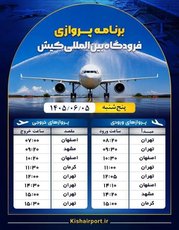 پایگاه خبری کیشوند نیوز: ✈️ *برنامه پروازی فرودگاه بینالمللی کیش*🗓 پنجشنبه / ۵ شهریور ماه / ۱۴۰۵ورودی : ۸ پروازخروجی : ۸ پرواز@kishvandnews_ir