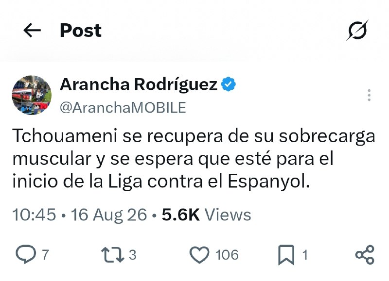 REAL MADRID PAGE: 🔻آرانچا:«چوآمنی از مصدومیت جزئی خود ریکاوری کرده و انتظار می‌رود برای بازی افتتاحیه رئال مادرید در لالیگا مقابل اسپانیول