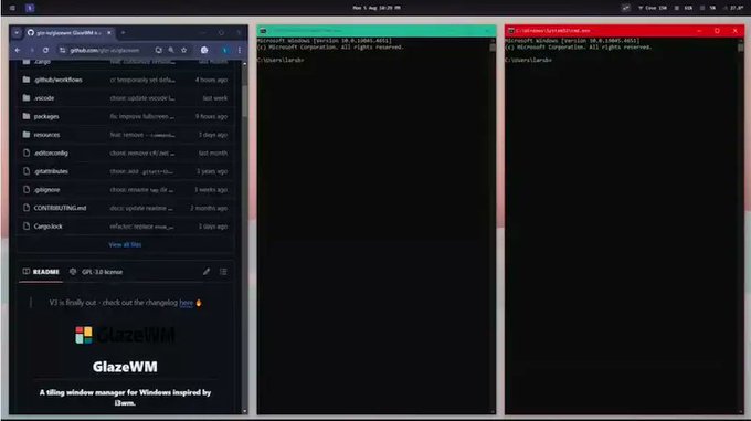 周五软件分享- GlazeWM（图一）：一个专门用于 Windows 的平铺式窗口管理器，类似于 i3，自动实现新窗口的平铺
