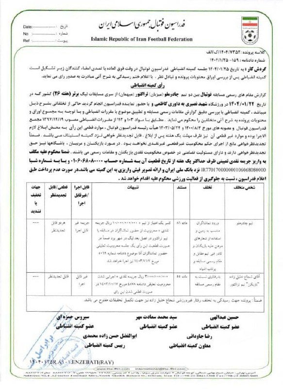 TiracturClub|تیراختور: دیدار تیراختور و چادرملو در چارچوب هفته چهارم لیگبرتر در استادیوم شهیدنصیری یزد بدون حضور تماشاگران برگزار خواهد شد.🆔 @