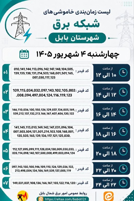 بابل شهر من: ⚡️ لیست زمان‌بندی خاموشی‌های شبکه برق شهرستان بابل روز چهارشنبه ۴ شهریور ۱۴۰۵🅱 @babolshahreman