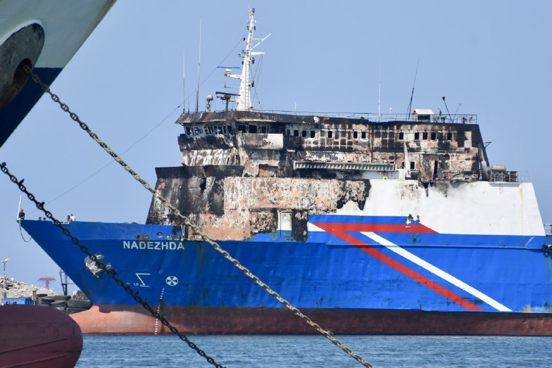 The NADEZHDA Ro-Ro vessel has reached Samsun after a Ukrainian drone attack in the Black Sea. The ship is now docked, with major damage visible across its deck.