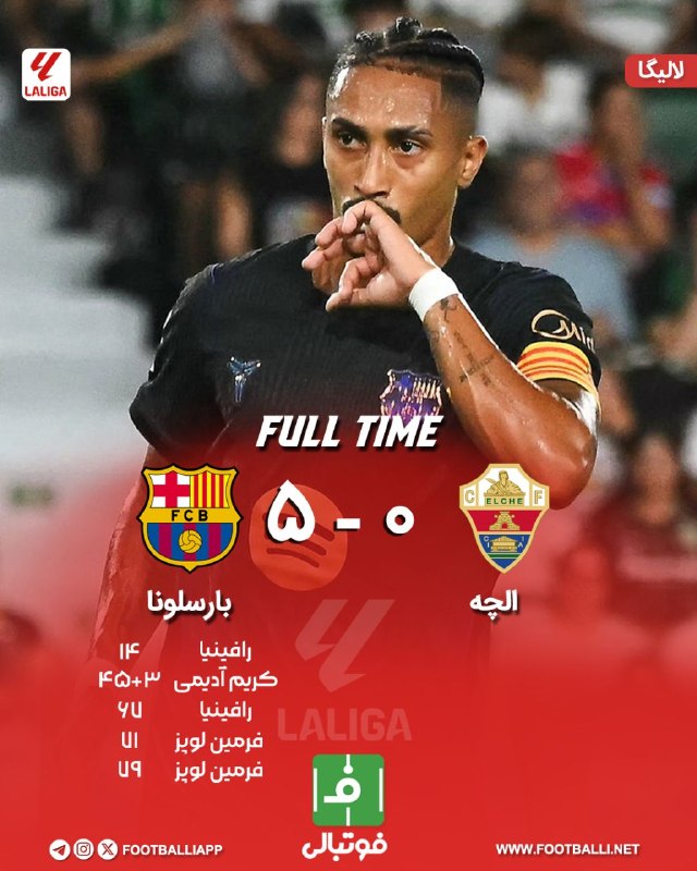 فوتبالی | Footballi.net: 🌬پایان بازی 🇪🇸الچه 🔢- 🔢 بارسلونا 🇪🇸جشنواره گل بارسا در نیوکمپ؛🔵 شروع رویایی بلوگرانا در اولین بازی فصل! الچه برای دستگر