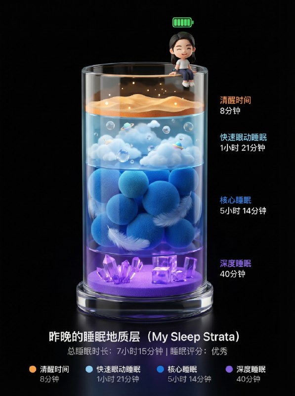 Nana Banana Pro 提示词，这个超好玩！可爱的睡眠报告海报（Sleep Report Poster）将提示词和睡眠数据截图发给 Nana Banana 就行，Q 版小人和每层高度会根据你的数据变化