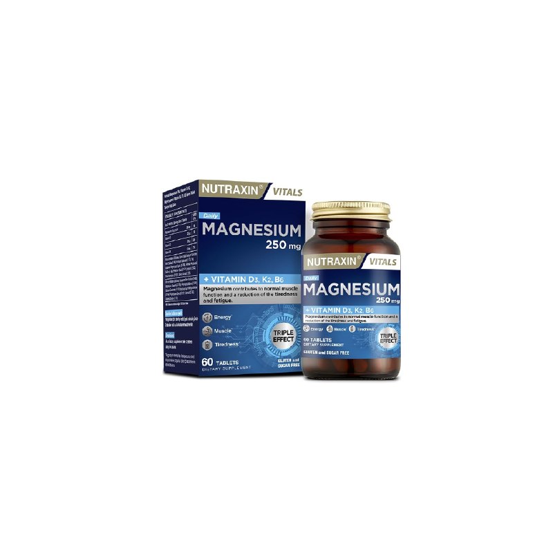 Nutraxin Magnesium Daily 250 mg Magnezyum, D3K2 ve B6 Vitaminli Şeker ve Gluten İçermez 60 Tablet