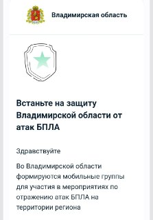 ⚡️ Жителям Владимирской области прорекламировали «мобильные группы» по отражению атак беспилотников через «Госуслуги» Власти Владимирской области призвали жителей вступать в «мобильные группы для участия в мероприятиях по отражению атак БПЛА» в регионе. Вн