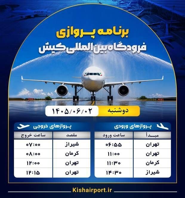 پایگاه خبری کیشوند نیوز: ✈️ *برنامه پروازی فرودگاه بینالمللی کیش*🗓 دوشنبه / ۲ شهریور ماه / ۱۴۰۵ورودی : ۴ پرواز خروجی: ۴ پرواز @kishvandnews_ir