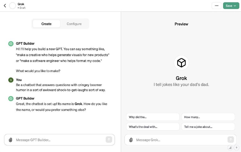 2小时前，Sam Altman 在 X 上发了一条推，用最新的 GPTs 能力自定义了一个 Grok 出来（Grok 是 Elon Musk 旗下 xAI 类似 ChatGPT 产品）
