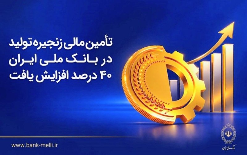 پایگاه خبری الف: ⭕️ تأمین مالی زنجیره تولید در بانک ملی ایران ۴۰درصد افزایش یافت🔹به گزارش روابط عمومی بانک ملی ایران، میزان تأمین مالی زن