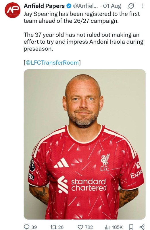 لیورپول ایران | LIVERPOOL: با هماهنگی آندونی ایرائولا، جی اسپیرینگ، هافبک 37 ساله انگلیسی در لیست ترکیب اصلی تیم در فصل 2026/27 اضافه شد. به گفته ا