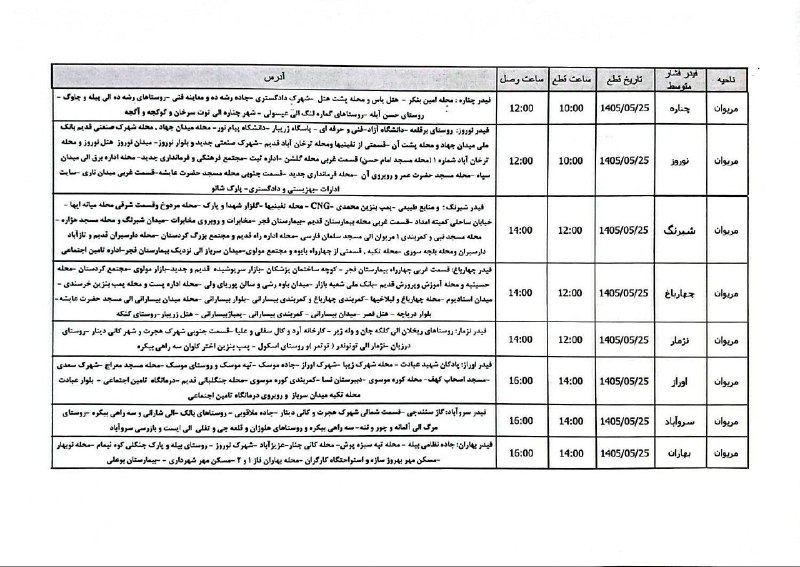 شاره‌ که م مریوان: ♦️برنامه قطعی برق شهرستان مریوان و سروآباد🔹امروز یکشنبه 25 مردادماه@marivanii♦️برنامه قطعی برق شهرستان مریوان و سروآباد🔹