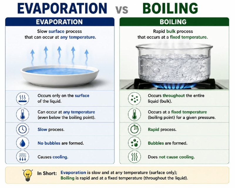 کوچه شیمی: 🟢 تبخیر (Evaporation) یک فرایند طبیعی و آهسته در سطح مایع است که در هر دمایی رخ می‌دهد و گرما را جذب می‌کند؛ در حالی که 