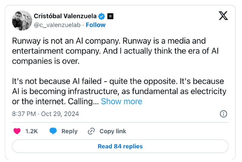 📷 回归本质：Runway 不是AI 公司Hans 荐语：这篇来自Runway CEO Cristóbal Valenzuela的最新推文，充满了对AI、媒介和创造本质的深刻洞察，不愧是当代科技与创意交汇领域的领军人物之一