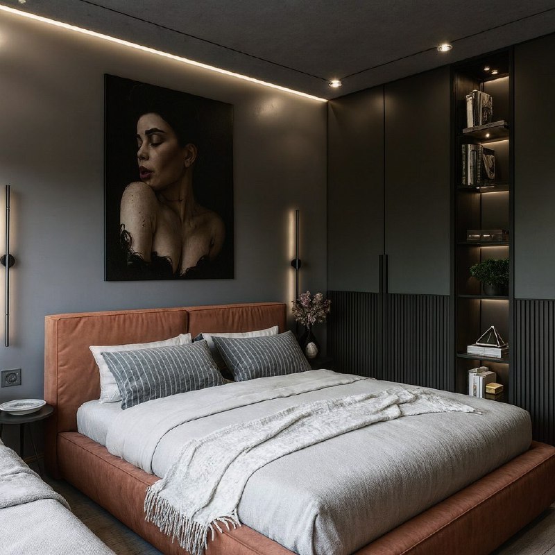 Спальня 14 квадратов - бетонный потолок и серый интерьер, где серый работает фоном, бетон честно остаётся бетоном, яркая кровать собирает всю комна... - изображение 1 - серый, спальня, квадратов