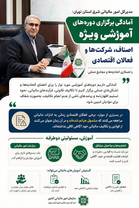 پایگاه خبری صبح پردیس: 🔺تأکید مدیریت امور مالیاتی شرق استان تهران بر برگزاری دوره‌های آموزشی ویژه اصناف و فعالان اقتصادی/ تلاش برای ارتقای فرهن