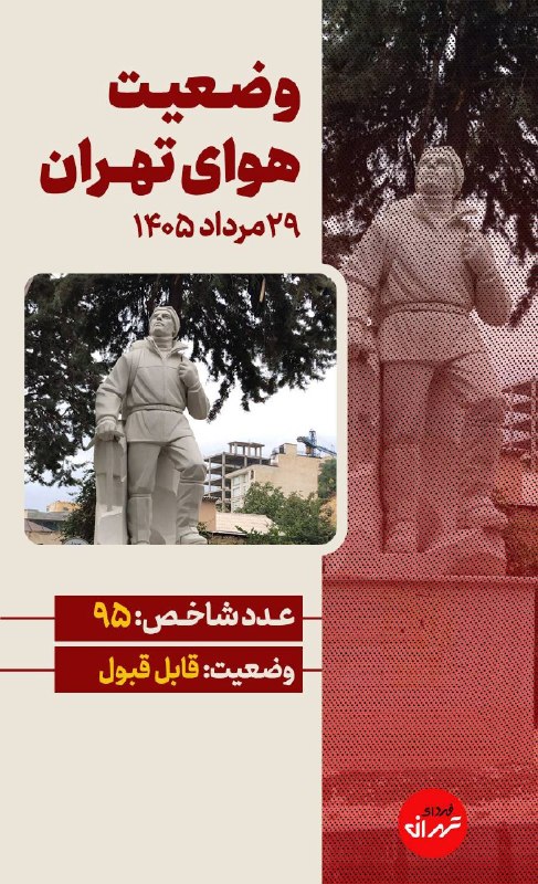 فردای تهران: ‼️آخرین وضعیت کیفیت هوای تهران🔸شاخص فعلی:۹۵🔸وضعیت: قابل قبول#شاخص_آلودگی@fardaye_tehrann