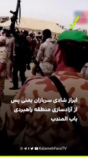 ابراز شادی سربازان یمنی پس از آزادسازی منطقه راهبردی باب المندب