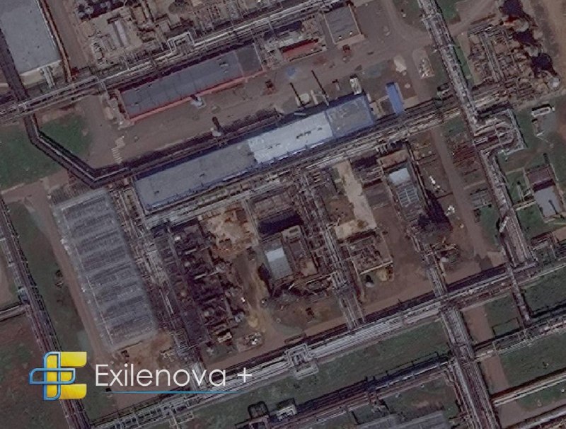 The Orenburg Gas Processing Plant shows aftermath damage from the June 24 strike, with fire and localized hits on open-air process equipment.