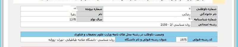 کنکور ارشد و دکتری روانشناسی (آکادمی روان‌تاج 👑): 🎉🎁 تبریک ویژه عرض می‌کنیم خدمت سرکار خانم زهرا رضائی برای قبولی در روانشناسی دانشگاه علامه طباطبایی تهران – روزانه در کن