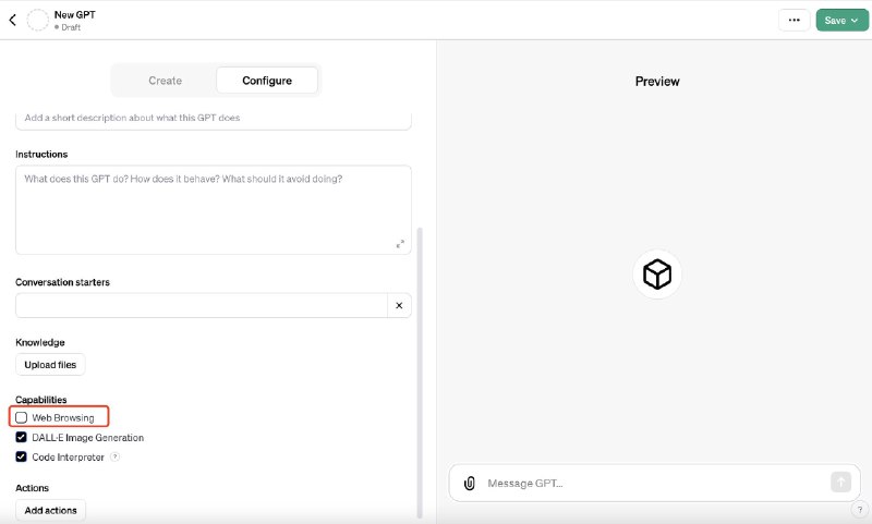 30秒，让你的GPTs用上 WebPilot:- 第一步: 在Config Tab中, 取消勾选 