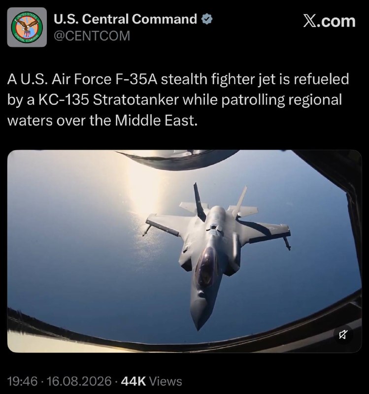 ⓀoD85: ⭕️سنتکام:یک جنگنده رادارگریز F-35A نیروی هوایی آمریکا هنگام گشت‌زنی در آب‌های منطقه‌ای خاورمیانه، توسط یک هواپیمای سوخت‌
