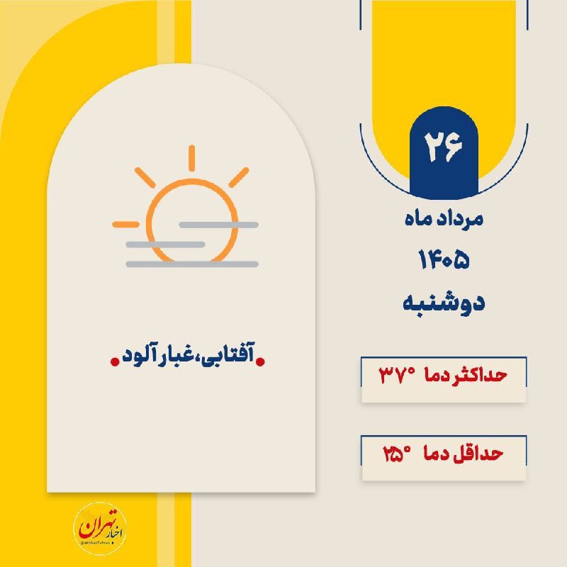 اخبار تهران: ‼️وضعیت آب و هوای فردای تهران؛ آفتابی و غبار آلود🔸فردا دوشنبه، ۲۶ مرداد ماه ۱۴۰۵، هوای پایتخت آفتابی و غبار آلود خواهد ب
