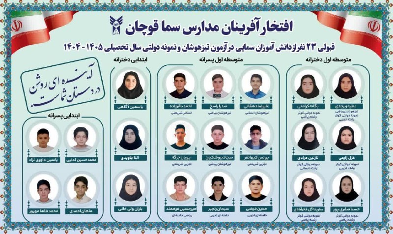 قوچان و قوچانی: #افتخارات_آموزشی#سما_قوچان ""🏆سما خراسان رضوی بر قله افتخارات🏆"" 🔹۲۳نفر از دانش آموزان دبستان و دبیرستان های دخترانه و پ