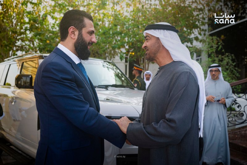 President Ahmed Al-Sharaa met with the President of the United Arab Emirates, Sheikh Mohammed bin Zayed Al-Nahyan, in the presence of the Minister of Foreign Affairs and Expatriates, Asad Hassan Al-Shaybani, and the Deputy Prime Minister and Minister of Foreign Affairs, Sheikh Abdullah bin Zayed, in the capital of Amu Dahab.