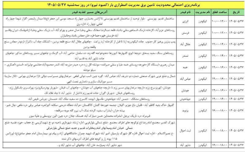 نیوز الیگودرز: ⬅️ برنامه احتمالی محدودیت تأمین برق مدیریت اضطراری برق (کمبود نیرو) سه شنبه مورخ ۱۴۰۵/۵/۲۷#الیگودرز_بام_آبی_ایران🆔👉 @sh