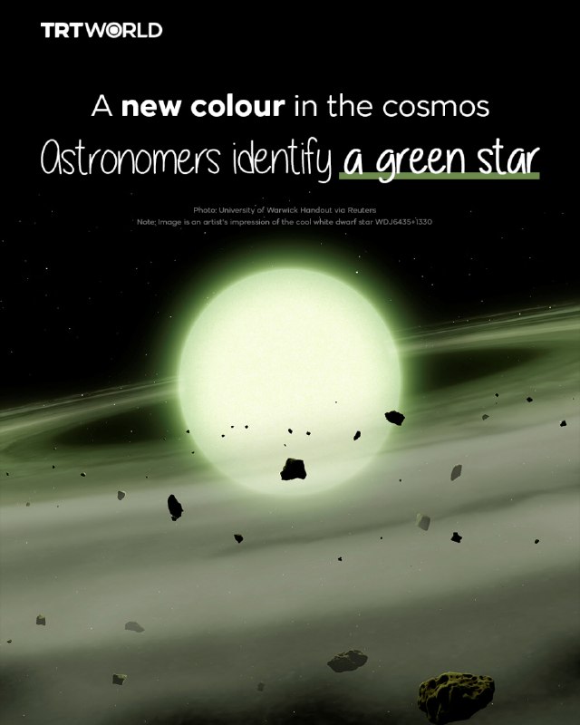 Astronomers believe they have documented a cosmic beginning: a star that appears green to the human eye. Located 280 light-years from Earth, the white dwarf's unusual hue is due to the absorption of rocky debris from its former planetary system.