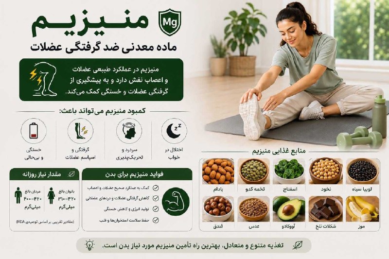 🌍خُمــارَک آنــلایــن🌍: *🔰 منیزیم؛ ماده معدنی ضدگرفتگی عضلات🪫 کمبود منیزیم میتواند باعث گرفتگی عضلات و خستگی شود. مصرف مغزها، حبوبات و سبزیجات