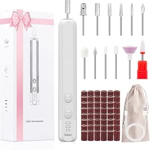 Elektrisches Nagelbohrer Set AOMEES Tragbares Kabelloses Nagelfeilen Set für Acryl und Gelnägel Maniküre und Polieren mit 56 Schleifbändern Rosa Weiß