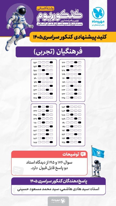 Mehromah | مهروماه: کلید پیشنهادی سوالات کنکور فرهنگیان مرداد ۱۴۰۵✏️انتشارات مهروماه @mehromah | mehromah.irکلید پیشنهادی سوالات کنکور فرهنگ