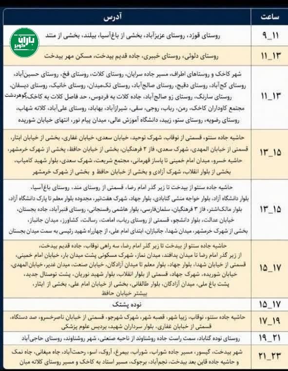 باران کویر/ رسانه مردمی: 🔰جدول قطعی احتمالی برق فردا پنجشنبه در گناباد┏━━━•••••••••••••••••━━━┓ 🆔 @barane_kavir ┗━━•••••••••••••••••••━━━┛『 نشری