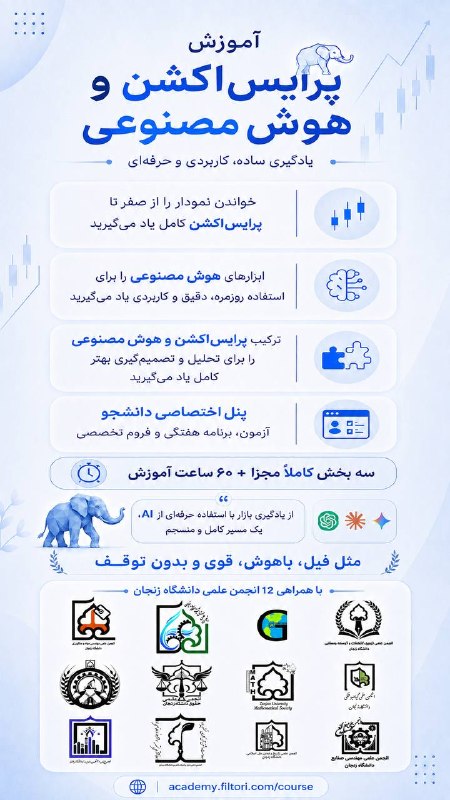 اینجا زنجان است: 🔥 ۲۵٪ تخفیف محدود با کد ZANJAN🎯 دوره جامع پرایساکشن و ترید با هوش مصنوعیبا همکاری آکادمی فیلطور و انجمنهای علمی دانشگ