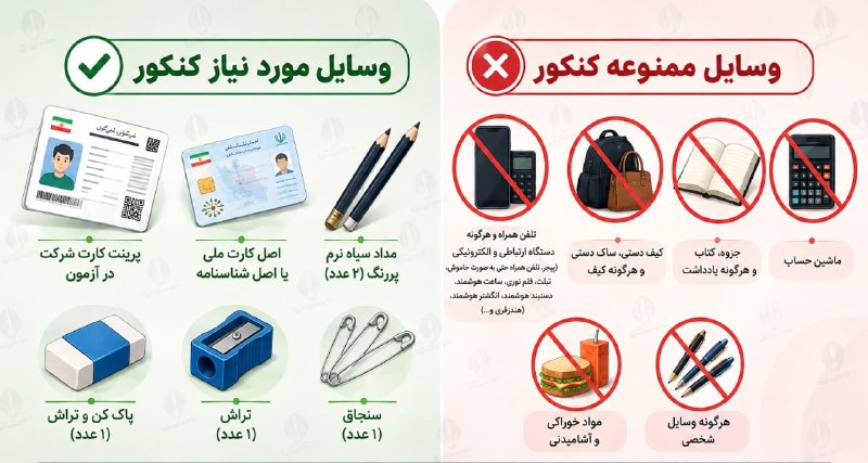 خدمات اینترنتی کوروش نت (کافی نت): 🔔 وسایل مورد نیاز کنکور🟠 برای شرکت در کنکور، همراه داشتن کارت شرکت در آزمون و اصل کارت ملی یا اصل شناسنامه الزامی است؛ د