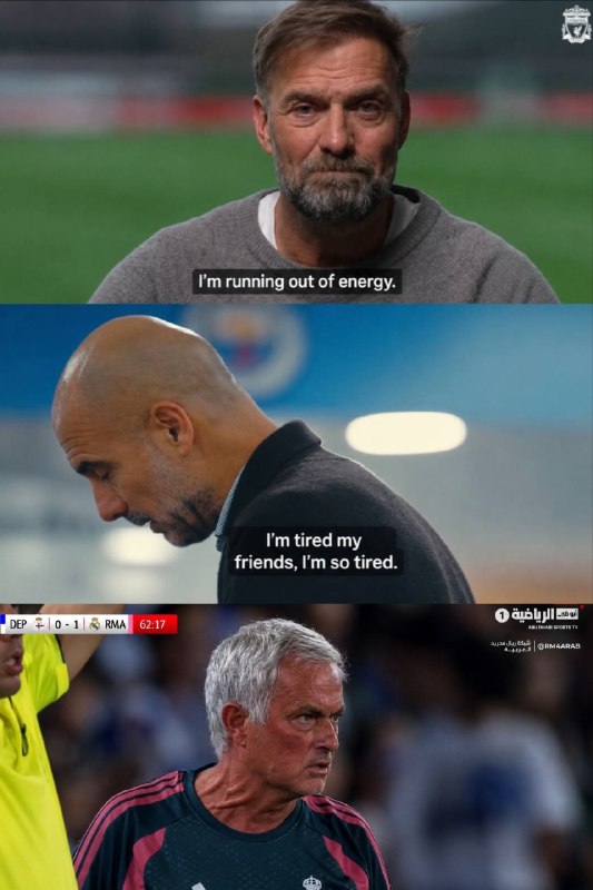 FUNNY SOCCER | فانی ساکر: - یورگن کلوپ: من انرژی خودم رو به طور کامل از دست دادم- پپ گواردیولا: من دیگه خسته شدم بچهها، من خیلی خستهاممورینیو در