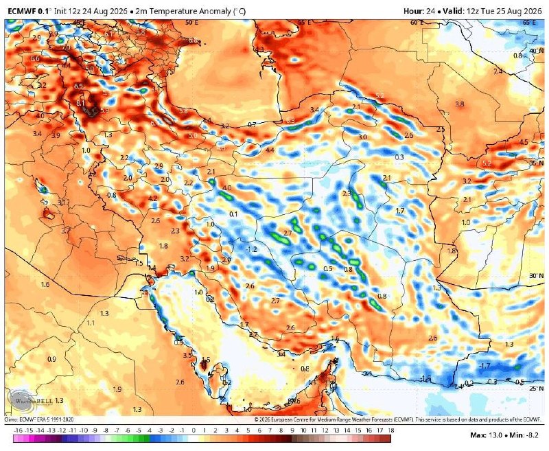 اخبار هواشناسی کل کشور 🔖: الگوی ناهنجاری،دمای کمینه و بیشینه فردا سه شنبه✅ @aerology_irالگوی ناهنجاری،دمای کمینه و بیشینه فردا سه شنبه✅ @aerology_
