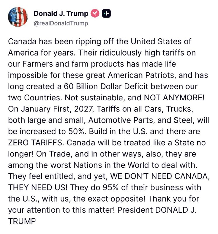 توئیتر داغ خبری (اخبار جنگ ایران وآمریکا ): 💢〰️🇺🇸❌🇨🇦 پرزیدنت ترامپ در تروثسوشال درباره کانادا:کانادا سالهاست که از ایالات متحده آمریکا سوءاستفاده کرده است.تعرفهه