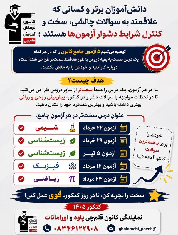 کانون قلم چی پاوه: دانش اموزان برتر و کسانی که تا قبل از کنکور ۴۰۵ علاقه مند به سوالات چالشی ، سخت و کنترل شرایط دشوار آزمون ها هستند براشو