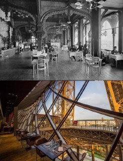 The restaurant hall at the Eiffel Tower in 1900 and todayTime Machine | Historical Photo