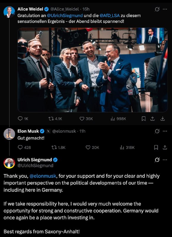 מועמד הימין הקיצוני ל-AfD בגרמניה, אולריך זיגמונד, הודה לאלון מאסק על "התמיכה והפרספקטיבה הברורה והחשובה של…
