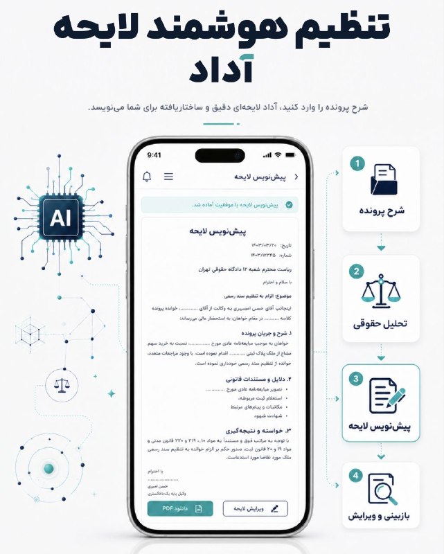 شناسنامه قانون: ⚖️ شرح پرونده را وارد کنید؛ پیشنویس لایحه بگیریدآداد اطلاعات پرونده را با چند پرسش تکمیلی ساختاردهی میکند و پیشنویس ق