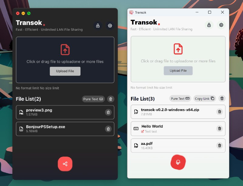 🆔  软件名称：Transok⭐️  软件功能：局域网文件共享➡️  支持平台：#Windows #macOS📁  软件简介：一款高效的局域网文件共享工具，该软件不占用过多存储空间，且对传输文件的数量和大小没有限制