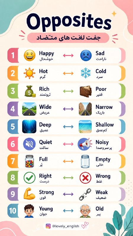 Lovely English: برخی کلمات متضاد با معنی فارسیبزن روی عکس و ببین☝️@lovely_english