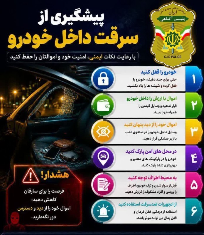 اخبار رفسنجان/ خانه خشتی: 🔹توصیه های پلیس آگاهی در خصوص پیشگیری از سرقت اجزا و محتویات خودروکانال خانه خشتی 👇👇https://eitaa.com/joinchat/228071833