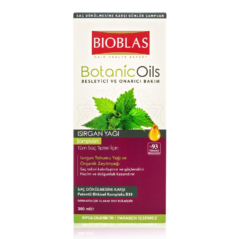 Bioblas Saç Dökülmesine Karşı Bitkisel Şampuan – Isırgan Tohumu Yağı & Zeytinyağı İçerikli, Dolgunlaştırıcı Etki, Kompleks B19, 360 ml